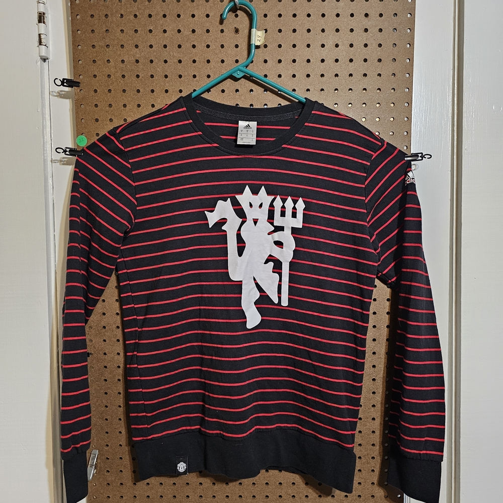 Adidas Black and Red Striped Manchester United Med Crewneck